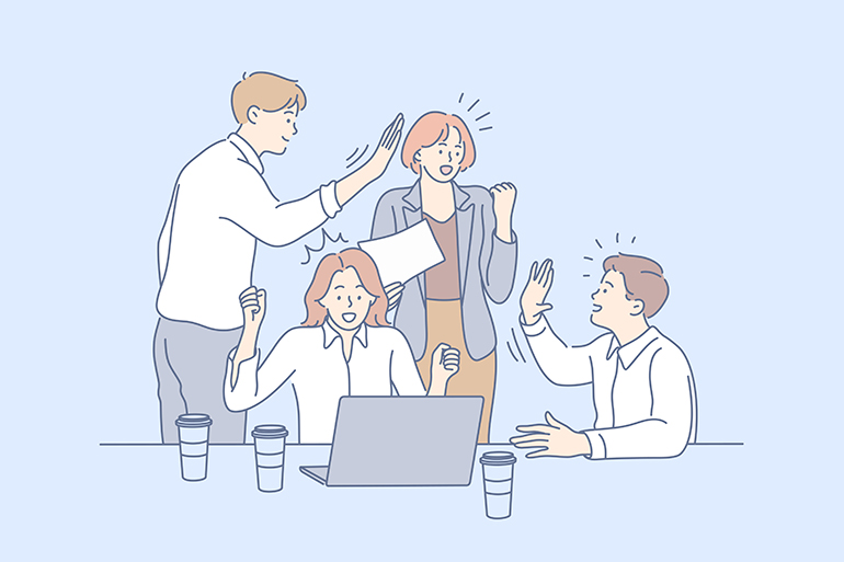 서로 파이팅를 외치고 하이파이브하는 팀원들의 모습